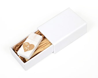 Maple Wood USB  Flash Drive - Wedding White Woodwash - Engraved Mr & Mrs Love Heart Design - in handmade paper box