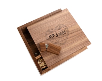 Walnut 4x6 Photo Box with Matching 2.0 USB Flash Drive - Wedding Box - Laser Engraved "Mr & Mrs Heart" Design