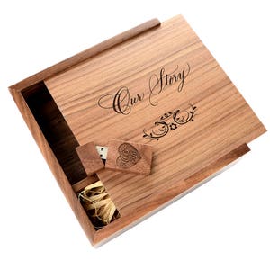 Our Story, Laser Engraved, 4 x 6, Wooden Photo Box, Heart, USB Flash Drive, Wood Box, Keepsake Box, Photo Storage Box, Wedding Gift Ideas