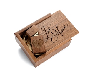 Photo Box, Laser Engraved, Just Married, Wood Box, USB Flash Drive, Wedding Gift, Mr and Mrs, Heart, Custom USB, Keepsake Box, Bridal Shower