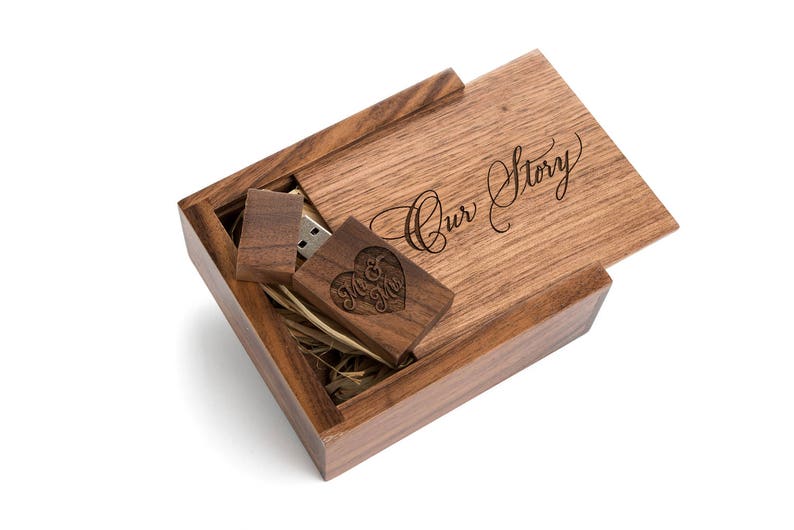 Real Wood Wedding Gift, Wooden Wedding Usb Gift, Our Story Wood Gift, Story Box, Wooden Memory Box With Usb, Usb With Inscription, Usb Box image 1