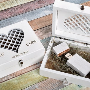 Set of 5, Wedding Box, USB Flash Drive, White Wood Box, Wooden Box, Personalized Box, Laser Engraved, Heart, Wedding Gift Idea
