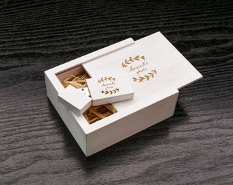 Set von 10 personalisierten White Wash Holz USB 2.0 Stick in passender Holzkiste, personalisierte USB, Flash-Stick für, Hochzeit Flash Drive