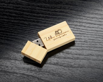 May include: A wooden USB flash drive with a sliding cover. The drive is engraved with the text "Urban Impressions Photography" and a camera icon.