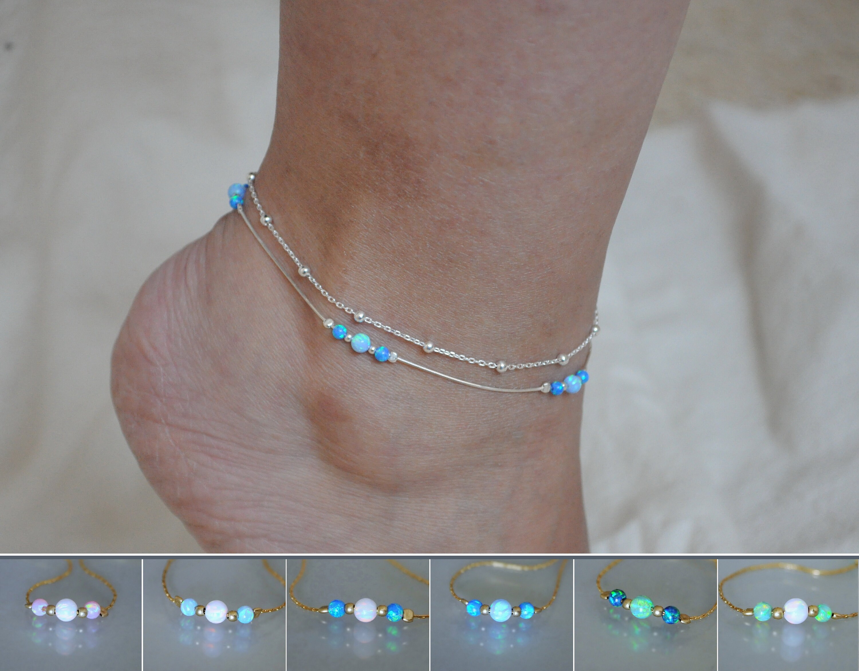 Opal Sterling Silver Anklet Set of 2 Handmade Ankle Bracelets Adjustable 9-11.5 Inch 