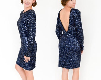 Vintage 90er Jahre Blaues Pailletten Kleid | Party Kleid mit tiefem Rücken, Medium