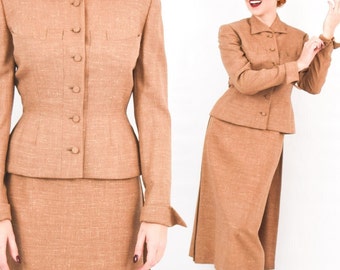 1950s Tan Wool Gabardine Skirt Suit | Vintage Skirt Jacket Set | Bellciano N.Y., Medium