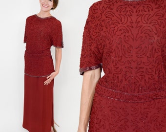 1940s Burgundy Beaded Evening Gown | Vintage Red Gown | Old Hollywood | Medium
