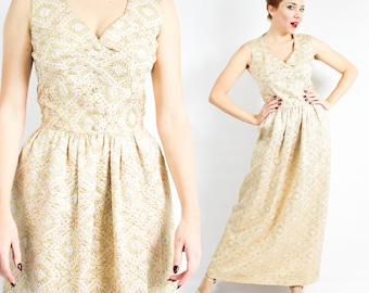 1950s Gold Brocade Evening Dress | 50s Gold Brocade Sleeveless Maxi Dress | Medium