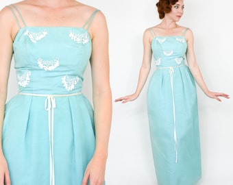 1950s Blue Evening Dress | 50s Bright Turquoise Dress with Sequins | Extra Small