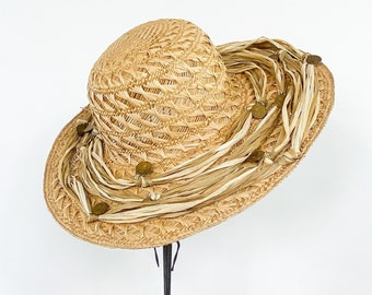 1980s Wide Straw Hat | 80s Woven Straw Sun Hat | Lord & Taylor