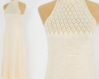 Vestido largo de punto color crema de los años 70 / Vestido largo vintage beige con pedrería, talla M