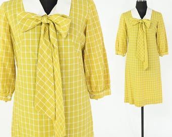 1960er Jahre Jerrie Laurie Gelbe Schleife | Vintage Senf Gelbes Kleid, Taille 32 Medium