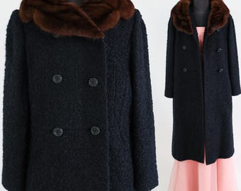 Mink Collar Coat L Vintage 60s Black Wool Brown Fur Long Princess