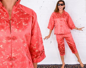 1950s Orange Asian Slacks Set | Vintage Silk Jacket & Pants, Medium