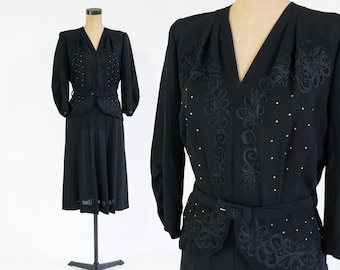 1940er Jahre Vintage Besticktes schwarzes Crepe Kleid | Old Hollywood, Größe L