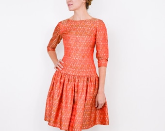 1950s Orange Silk Brocade Party Dress, Vintage Orange Print Drop Waist Dress, XS