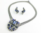 1940s Blue Rhinestone Necklace Earrings Set 40s Blue Brushed Silver Filigree Necklace Set