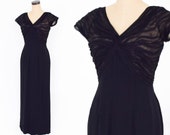 1940s Black Evening Dress 40s Long Black Silk Chiffon Dress Old Hollywood Small