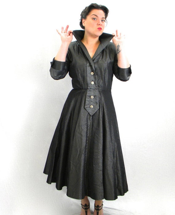 1950s Gray Taffeta Dress | 50s Gray Stripe Taffeta