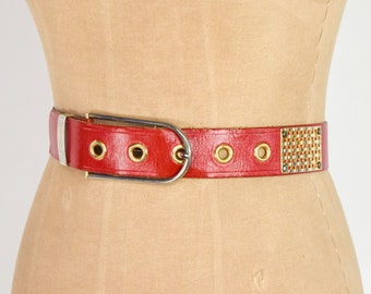 1980s Red Leather Belt | 80s Red & Gold Metal Grid Belt