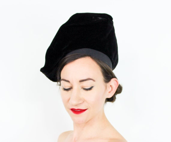 1940s Black Silk Velvet Hat | 40s Black Velvet Ber