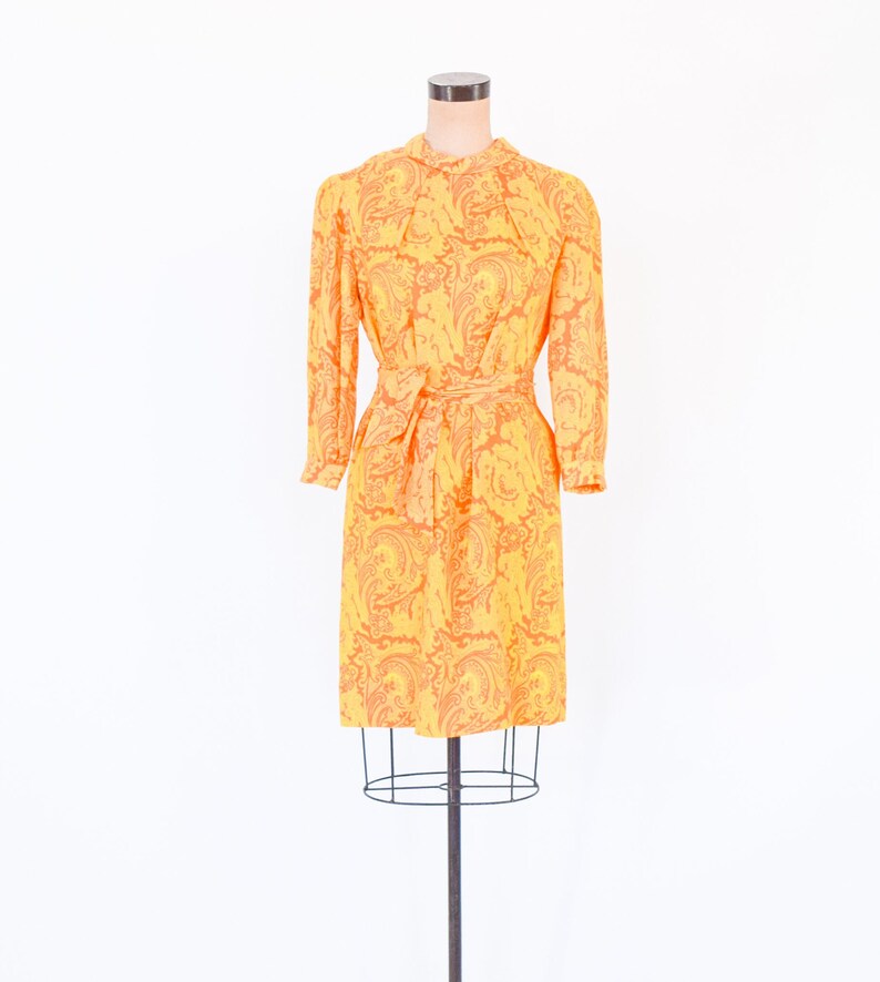 1960s Orange Yellow Print Dress 60s Yellow & Orange Nylon Print Shift Twiggy Medium image 2