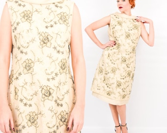 1960s Creme Beaded Silk Cocktail Dress | 60s Beige Creme Lace & Silk Shantung Dress | Jackie O Style Dress | Medium Large