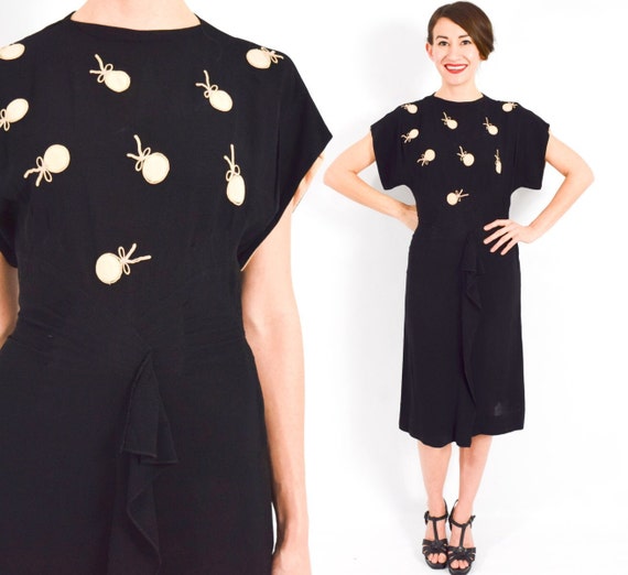 1940s Black Crepe Dress | Black Pink Balloon Embr… - image 1