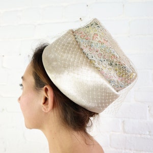 1960s Creme Velvet & Brocade High Crown Hat | 60s Off White Bucket Hat | Jackie O | Wedding Hat