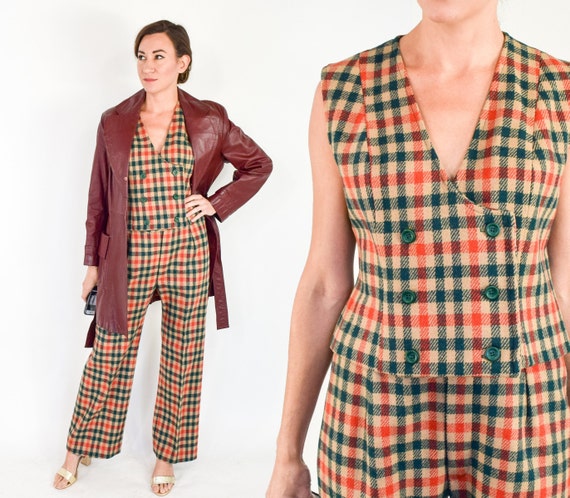 1970s Plaid Wool Pantsuit | 70s Green & Orange Pla
