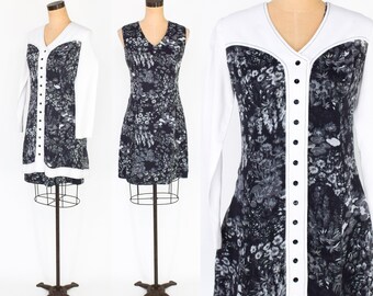 Young Edwardian | 1960s Black & White Floral Dress Set | 60s Black White Dress Coat Set | Young Edwardian | Medium