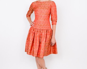 Vestido de festa em brocado de seda laranja dos anos 50 | Vestido vintage com estampa laranja e cintura baixa, tamanho PP