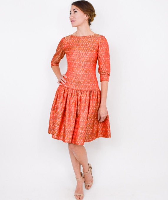 1950s Orange Silk Party Dress | 50s Orange Brocad… - image 2