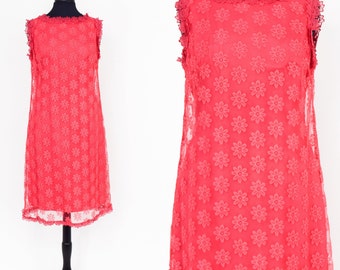 1960s Pink Floral Lace Dress | 60s Hot Pink Sleeveless Shift Dress | Large