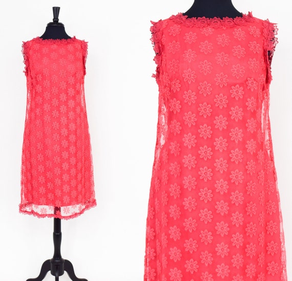 1960s Pink Floral Lace Dress | Vintage Hot Pink Sleeveless Shift, Large