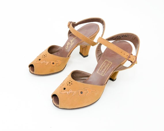 1940s  Brown Peep Toe Heels | 40s Tan Suede Leath… - image 1