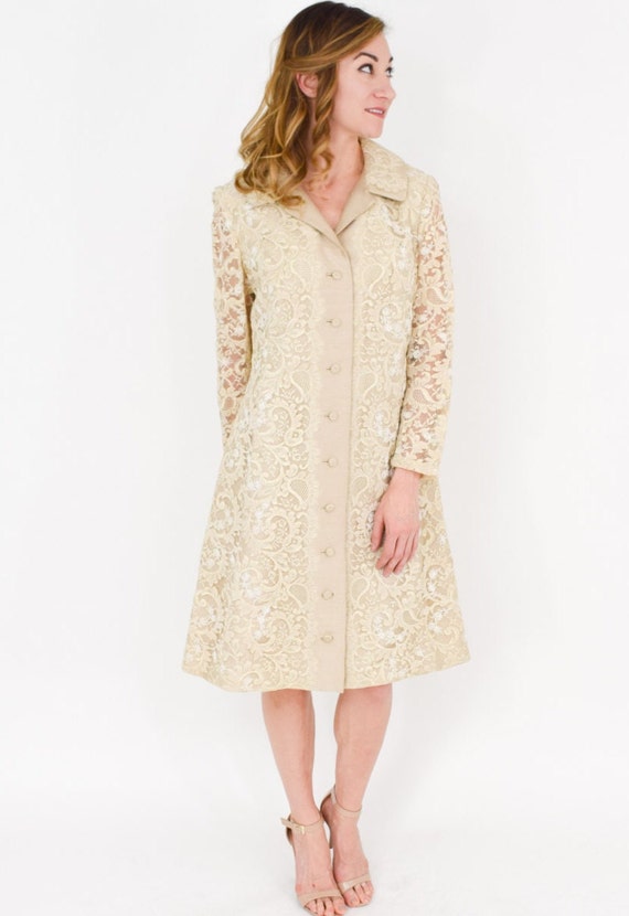 1960s Beige Silk Shantung Dress | 60s Beige Lace … - image 3