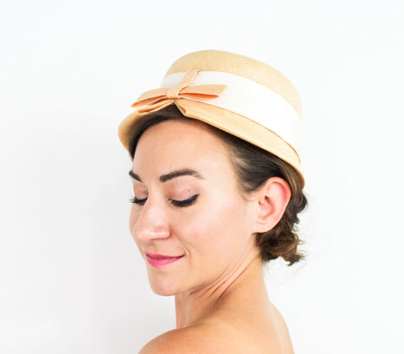 1950s Peach Straw Bucket Hat | 50s Beige Raffia H… - image 1
