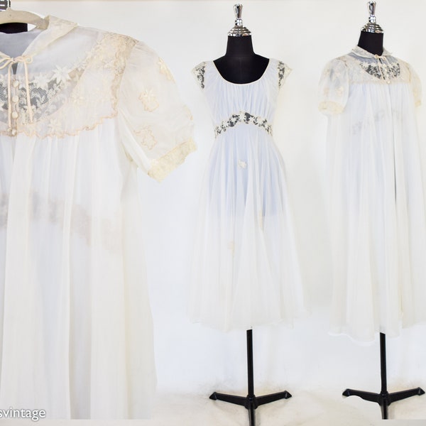 1950s White Peignoir Set | 50s Creme Nylon Peignoir Gown & Robe | Wedding Peignoir | Medium