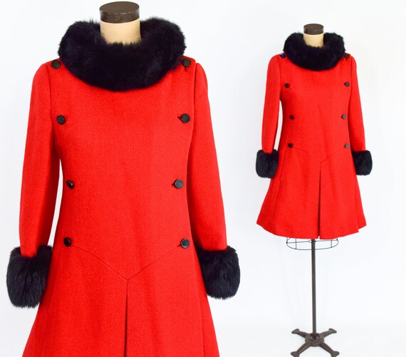 1960s Red Wool Fur Trim Coat | 60s Mod Red Wool Co