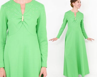 1970s Green Maxi Dress | 70s Green Rhinestone Studded Evening Dress | Bright Green Polyester Maxi Dress | Medium