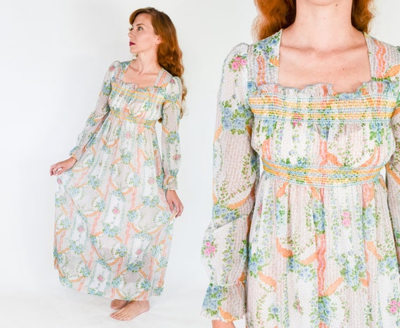 1970s Floral Maxi Peasant Dress | 70s Floral Sheer