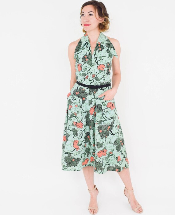 1950s Green Cotton Print Halter Dress | 50s Mint … - image 6