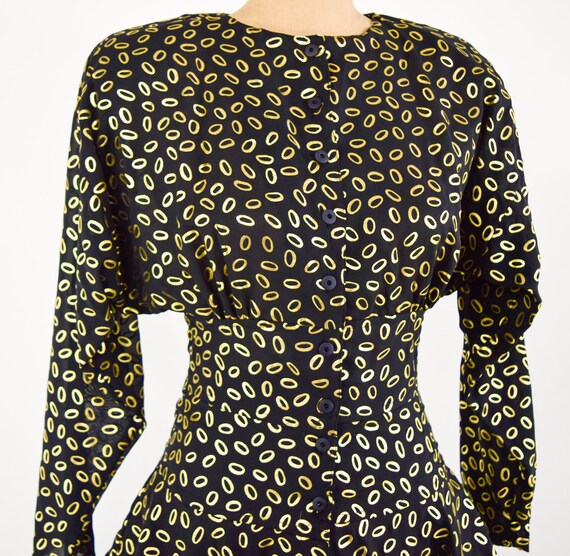 1980s Black & Gold Skirt Set | 80s Black Print Sk… - image 8