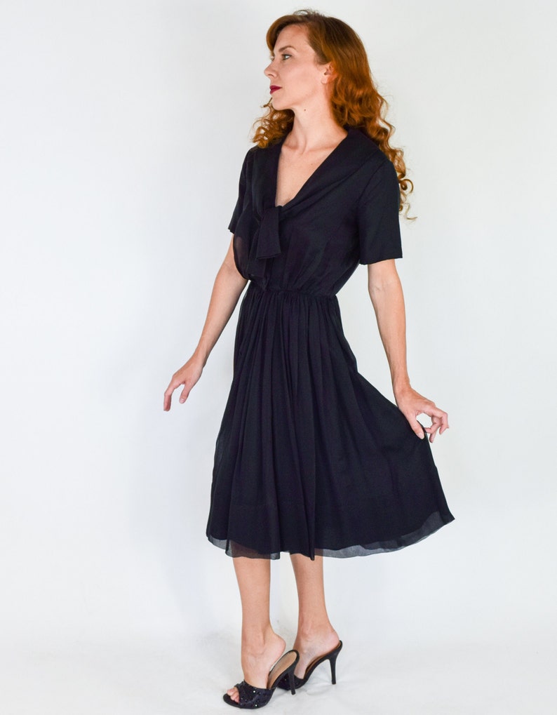 1950s Black Chiffon Dress 50s Black Chiffon Party Dress Sophisticated Miss Medium image 6
