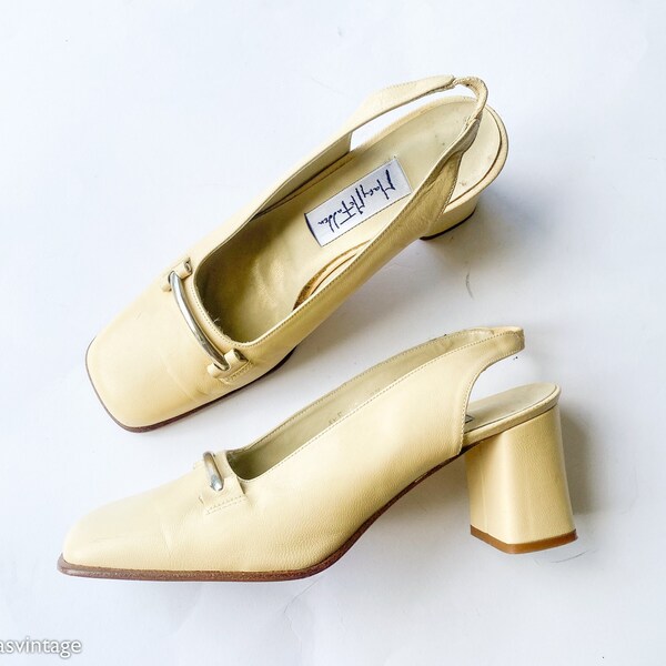 1970s Creme Square Toe Leather Pumps | 70s Creme Slingback Heels | Mary McFadden