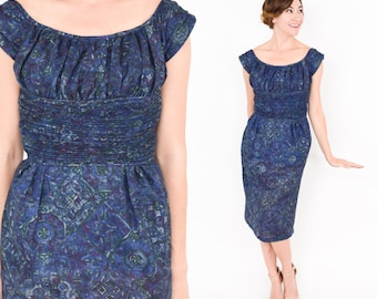 Robe fourreau fleurie bleue des années 50 | Challis Dress Années 50 en laine bleue | Robe droite | Len Stewart | Petit