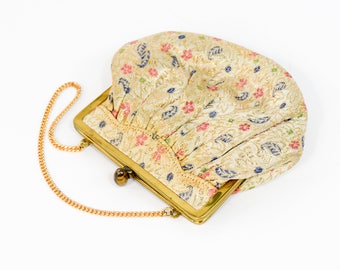 1950s Creme Brocade Evening Bag | 50s Beige Flower Brocade Purse