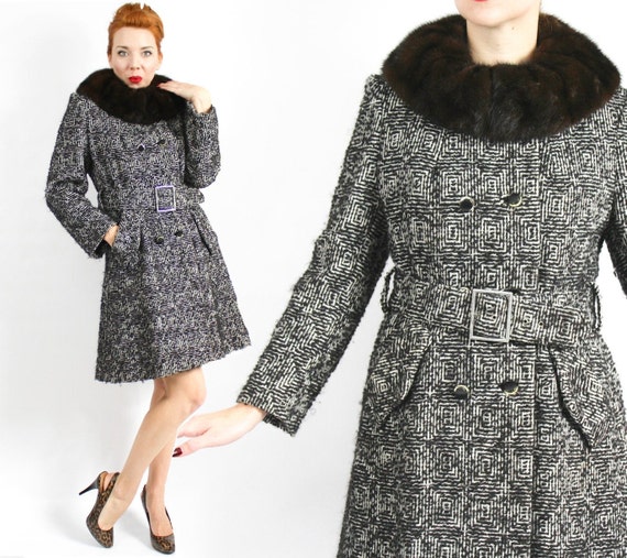 1960s Black Tweed Wool Coat | 60s Black Belted Twe